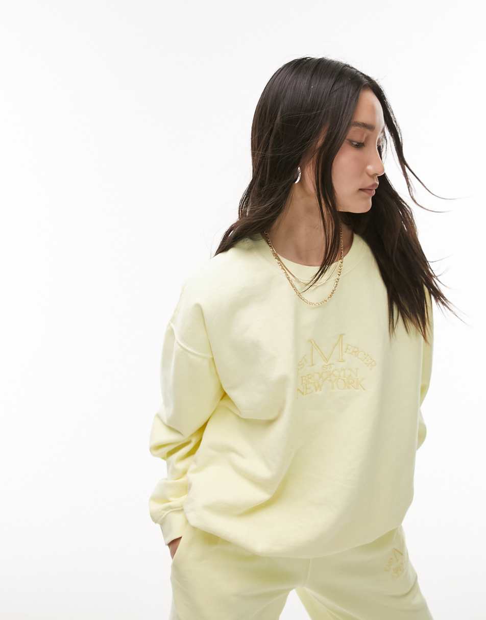 Topshop co ord graphic embroidered city vintage wash sweat in butter yellow