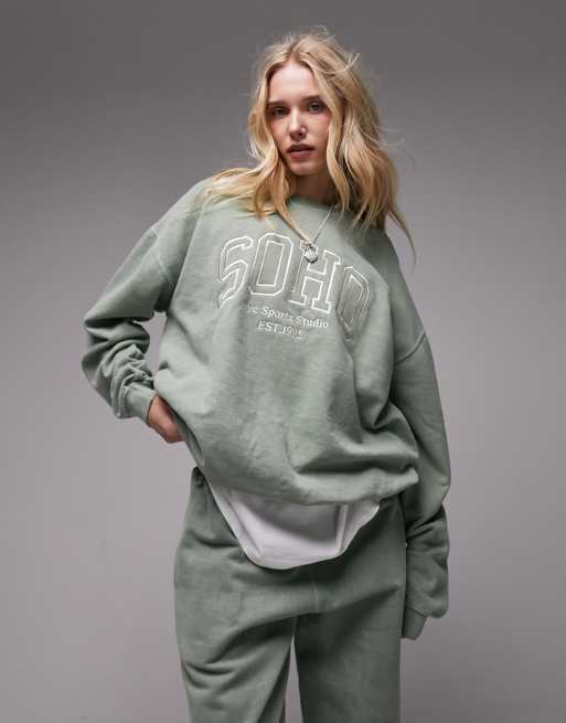 Topshop co ord graphic embroidered Soho oversized vintage wash sweat in green