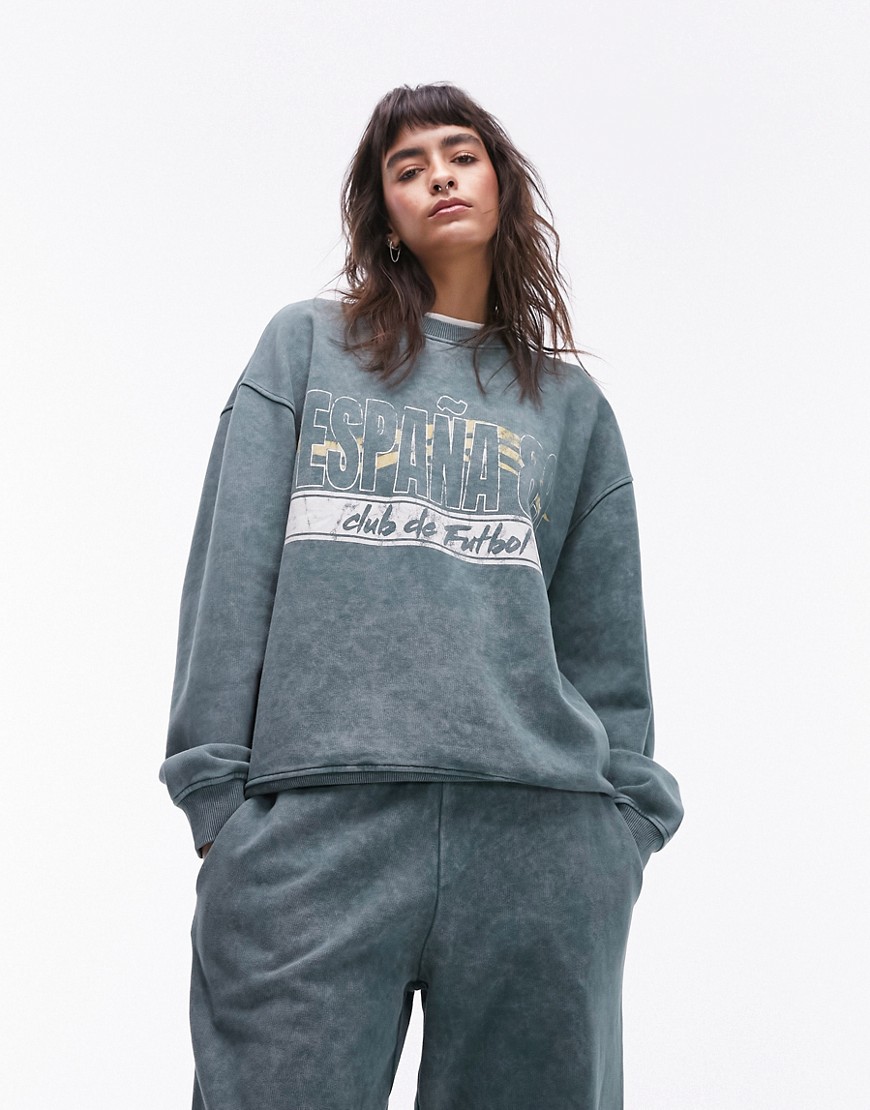 Topshop co ord graphic espana 89 oversized vintage wash sweat in dark green
