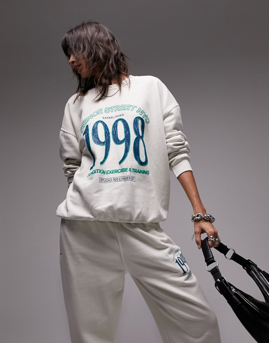 Topshop co-ord graphic Prince Street NYC puff print vintage wash oversized sweat in ecru-White