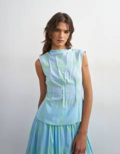 Co-ord grown on neck pin tuck top in blue check