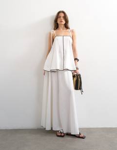 Co-ord heavy linen rich maxi skirt with black contrast piping in white