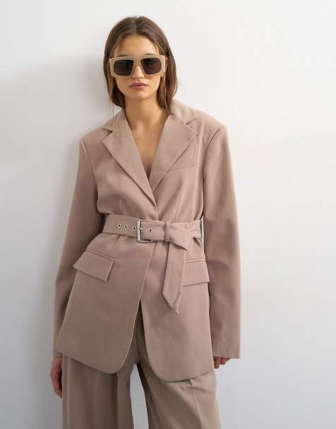 Topshop co ord high break belted blazer in beige - view 1