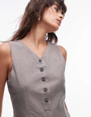 Topshop co-ord high button up tailored waistcoat in mink-Neutral