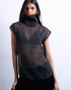 Co-ord high neck grown on shoulder sheer organza top in black