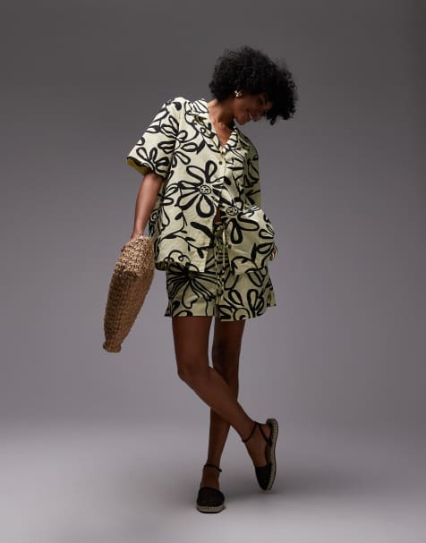 Topshop co ord high rise drawcord linen shorts in bright yellow print - view 1