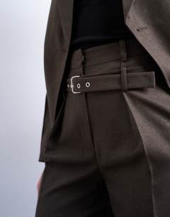 Model wearing Co ord high waisted belted trouser in brown