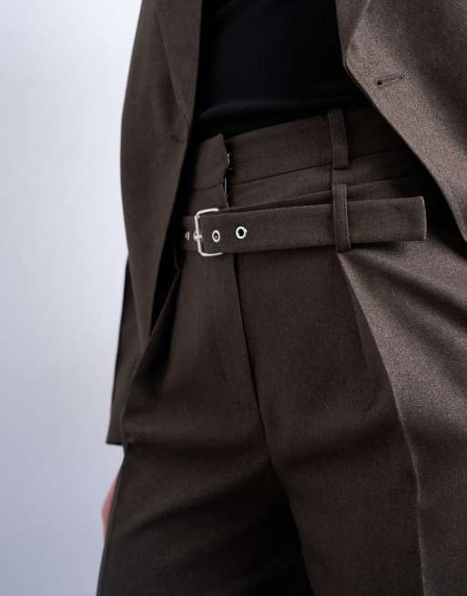 Topshop co ord high waisted belted trouser in brown, 2 of 5