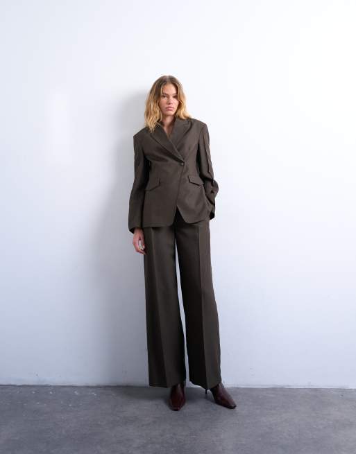 Topshop co ord high waisted belted trouser in brown, 3 of 5