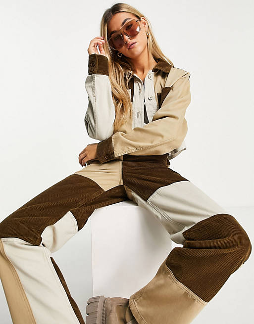 Topshop co-ord jacket with cord patchwork in khaki & ecru