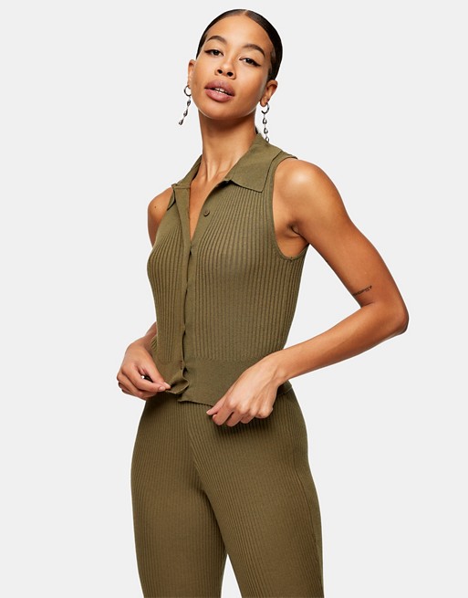Topshop co-ord knitted button down polo vest in khaki