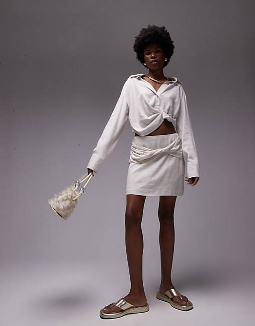 Topshop co-ord knot drape mini skirt in textured natural stripe | ASOS