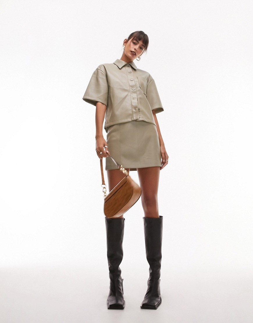 Topshop co-ord leather look mini skirt in dark khaki-Green