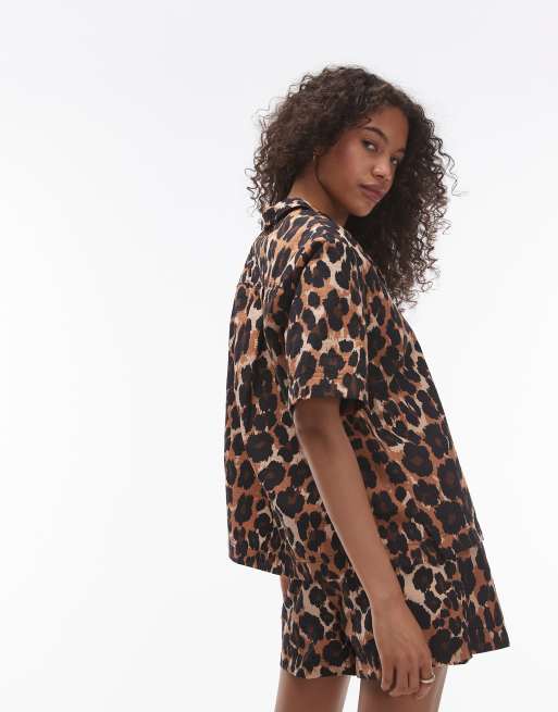 Topshop co ord leopard revere shirt in multi