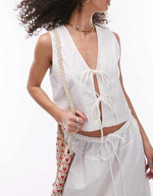 White Linen Blend Tie Front Crop Top