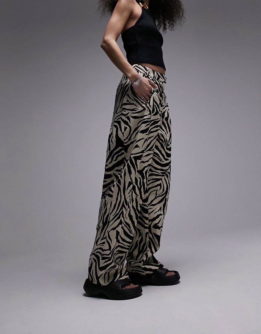 Topshop co-ord linen blend high-waist slouch trouser in zebra print-Multi