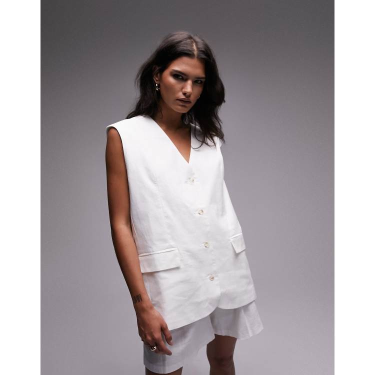 Topshop co ord linen blend oversized waistcoat in white