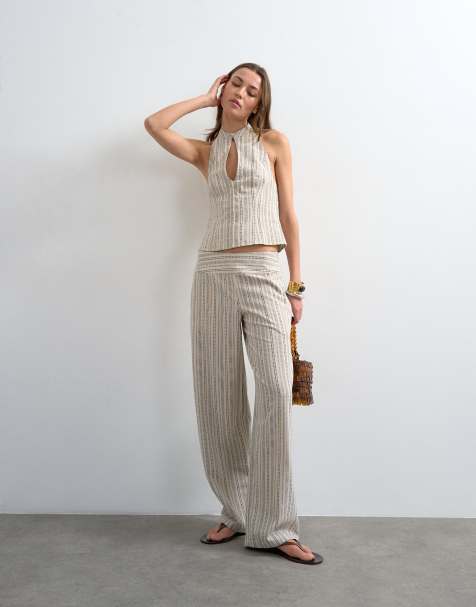 Topshop co ord linen look stripe low rise trouser in ecru - view 1