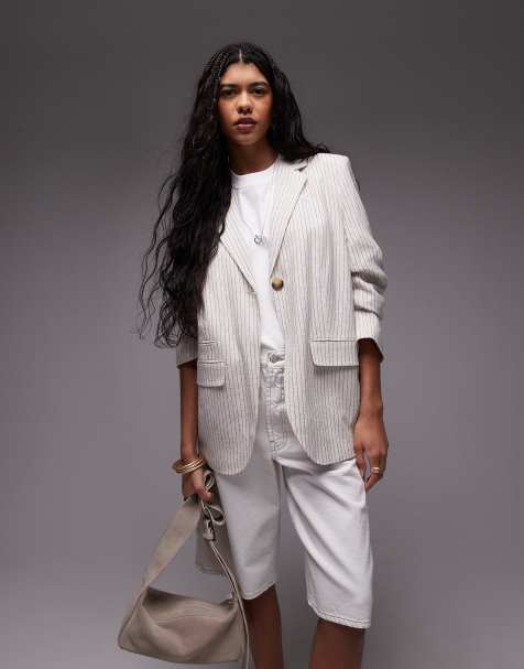 Topshop co ord linen one button blazer in cream pinstripe - view 1