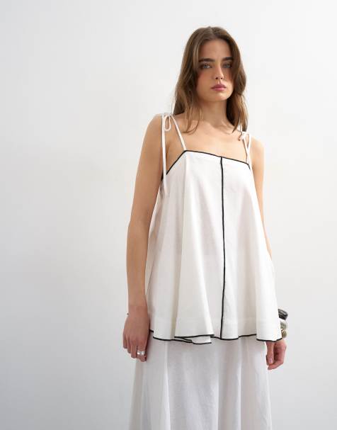 Topshop co-ord linen rich cami top with black contrast in off white - view 1