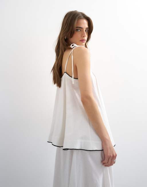 Topshop co-ord linen rich cami top with black contrast in off white, 3 of 4