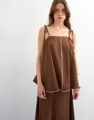 Topshop Co-ord Linen Rich Cami Top With Ecru Contrast Piping In Brown