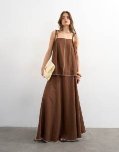 Co-ord linen rich maxi skirt with contrast piping in brown