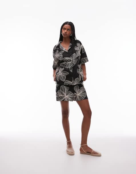 Topshop co ord linen stitch detail floral shorts in mono - view 1