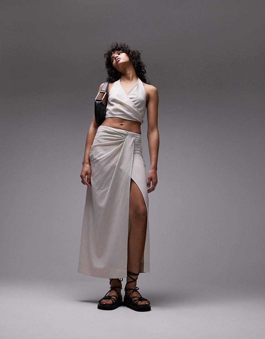 Topshop co-ord linen tuck waist maxi skirt in sand-Neutral