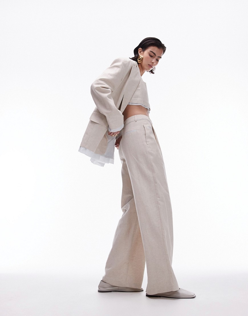 Topshop co-ord linen wide leg trouser with exposed lining in ecru-White