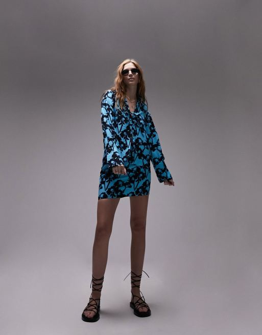 Topshop co-ord long sleeve tie up printed top in turquoise