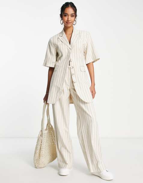 Topshop co-ord longline stripe linen blend blazer in beige