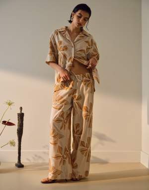 Topshop co ord low rise linen stitch detail floral trouser in brown