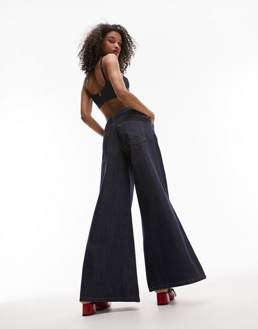 Topshop co ord low rise skater flare jeans in raw indigo