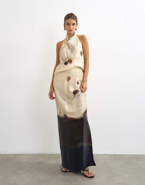 Topshop co-ord maxinederdel i satin med abstrakt print - view 1