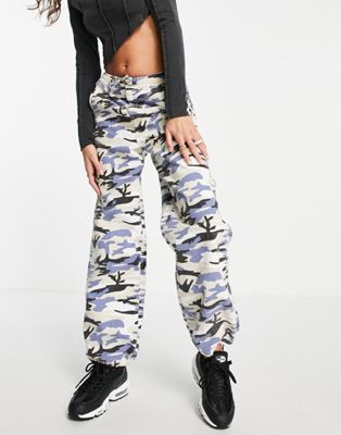 Topshop co-ord mid rise casual wide leg utility trouser in blue camo print