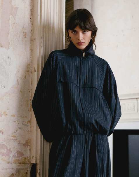 Topshop co ord modal stripe zip through jacket in navy - view 1