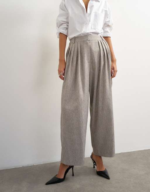 Topshop co ord  multi pleated wide leg trouser in taupe marl, 2 of 5