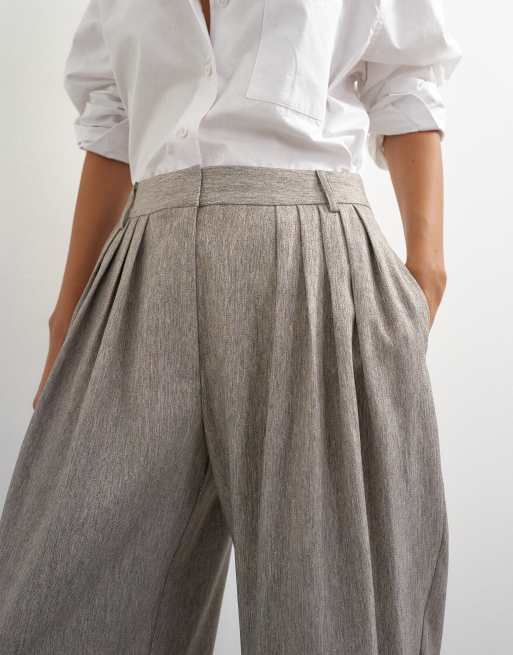 Topshop co ord  multi pleated wide leg trouser in taupe marl, 3 of 5