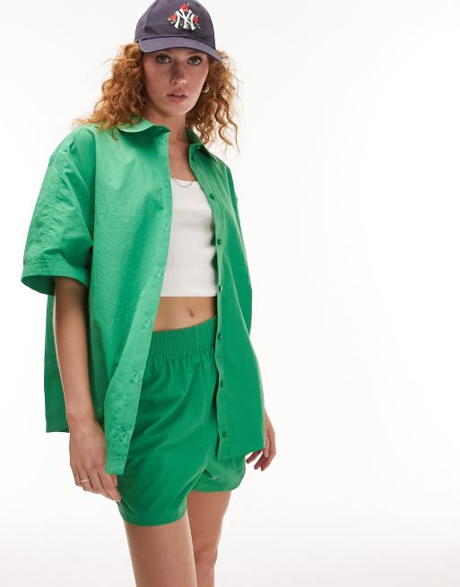 Topshop co ord nylon oversized short sleeve shirt jacket in green