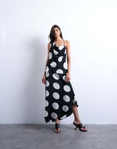 Model wearing Co-ord one shoulder satin top in large mono spot