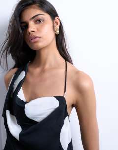 Model wearing Co-ord one shoulder satin top in large mono spot