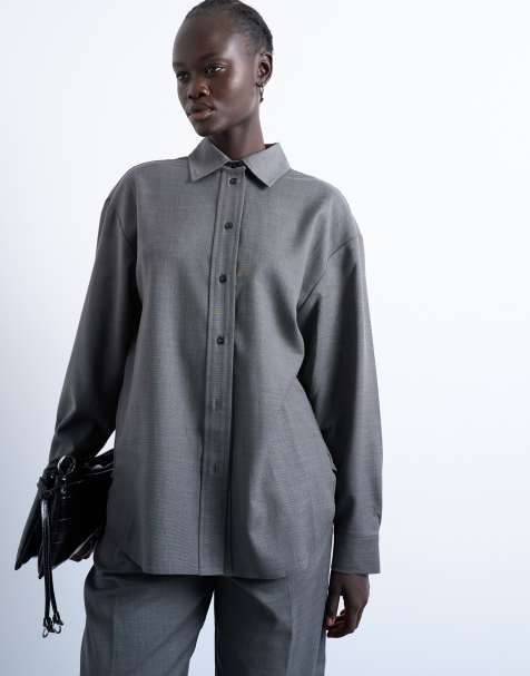 Topshop co ord oversized asymmetric tailored shirt in grey - view 1