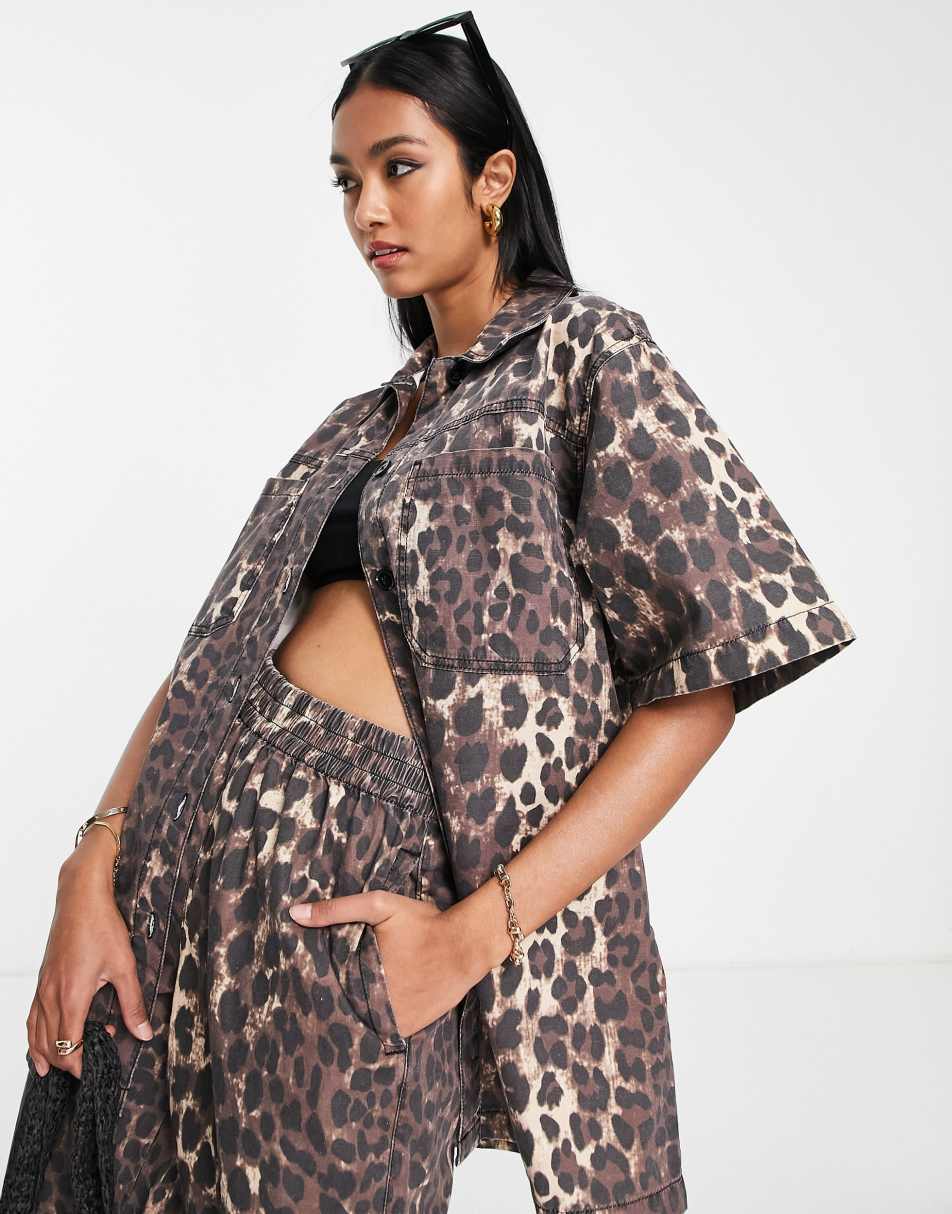 Topshop co-ord oversized leopard print short sleeve shirt in brown
