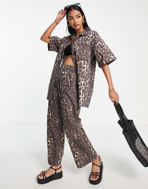 Topshop co ord oversized leopard print short sleeve shirt in brown