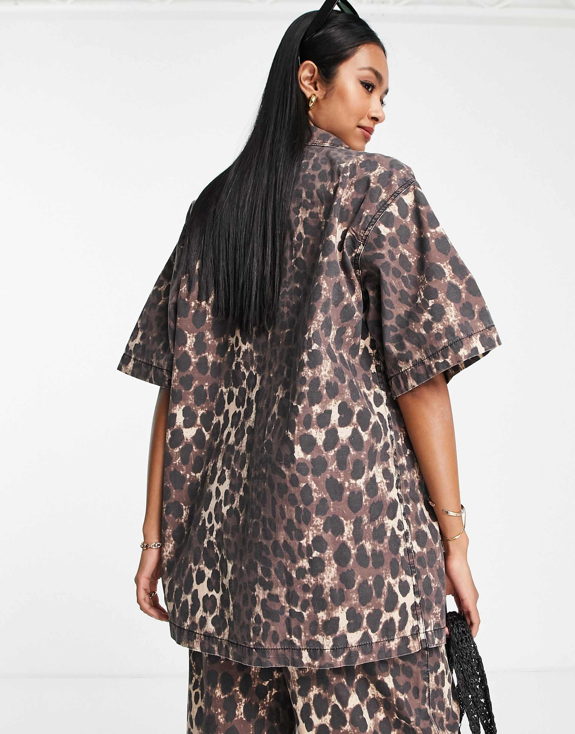 Topshop co-ord oversized leopard print short sleeve shirt in brown