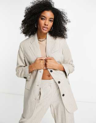 Topshop co ord oversized mensy stripe linen blend jacket in stone Grey