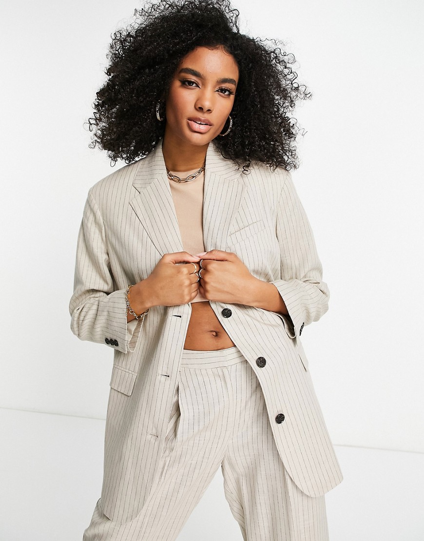 Topshop co-ord oversized mensy stripe linen-blend jacket in stone-Grey