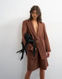 Model wearing Co ord oversized slouchy panel blazer in brown