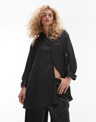 Topshop co-ord oversized stripe satin shirt in black | ASOS